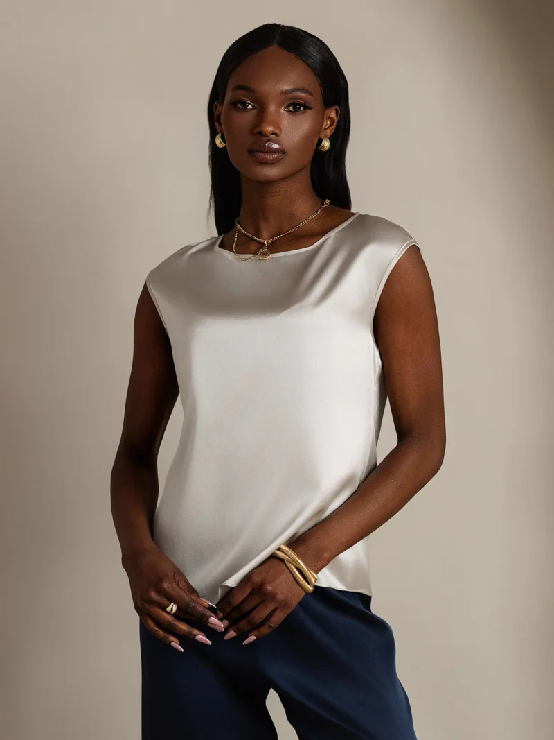 19Momme mulberry Silk Cap Sleeve Round Neck Women's Top - Image 11