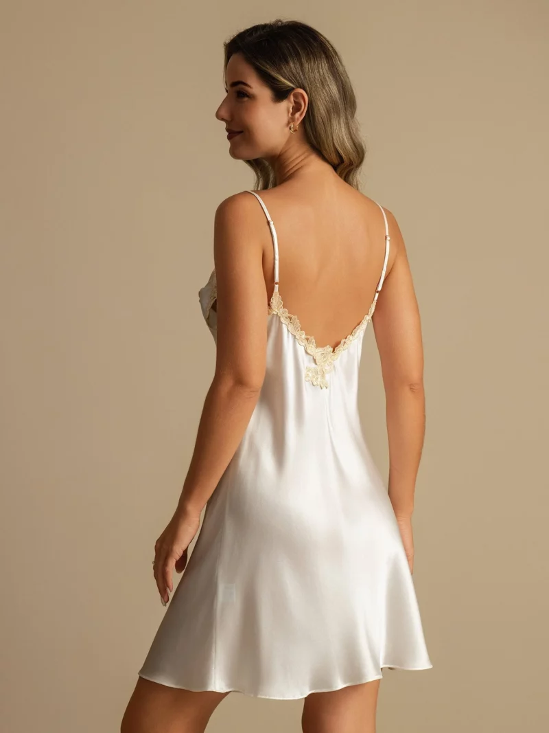 Women's 100% mulberry Silk Spaghetti Strap Mini Nightgown with Lace V-Back Design - Image 9