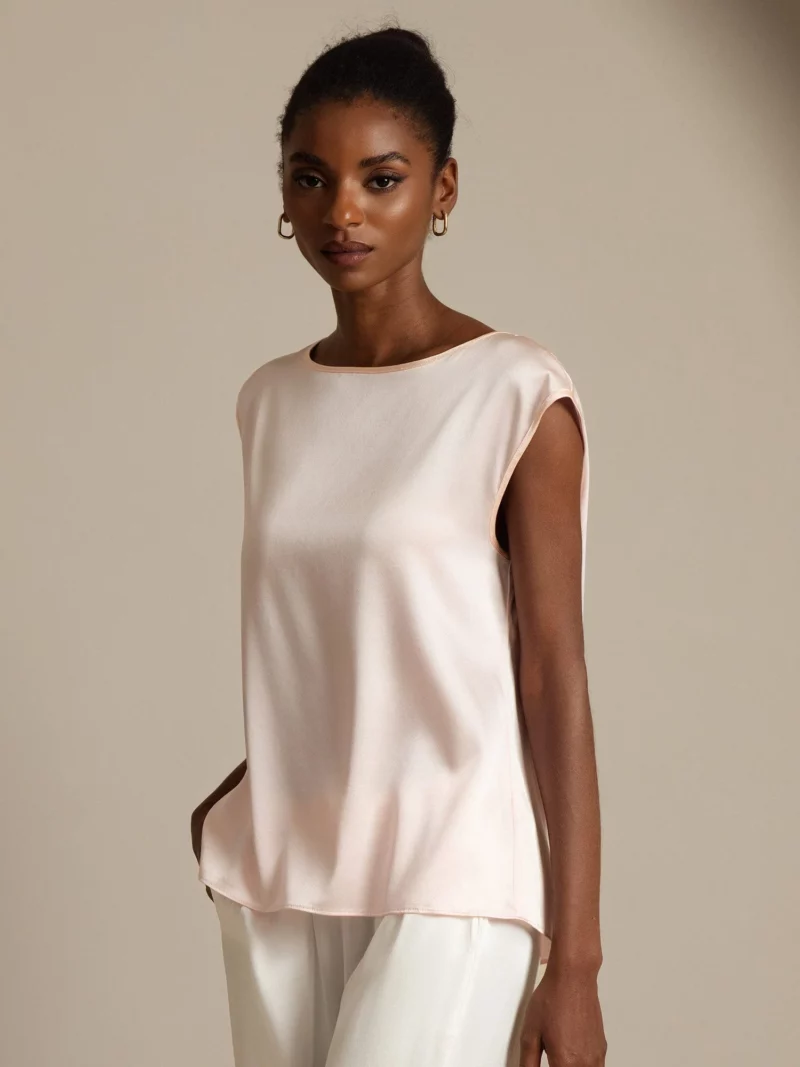 19Momme mulberry Silk Cap Sleeve Round Neck Women's Top - Image 3