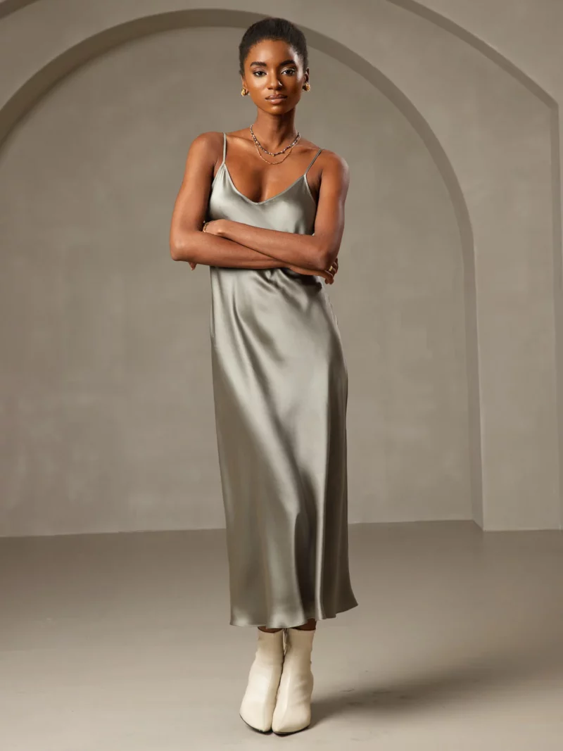 100% mulberry Silk charmeuse Spaghetti Strap Midi Dress - Image 13