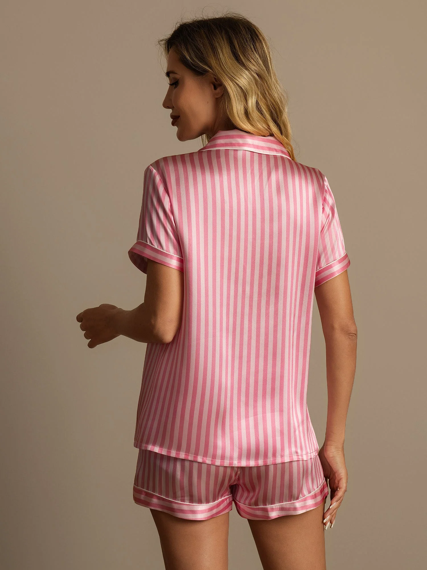 100% mulberry silk Women's Notch Collar short print Stripe silk Pajamas Set - Image 3