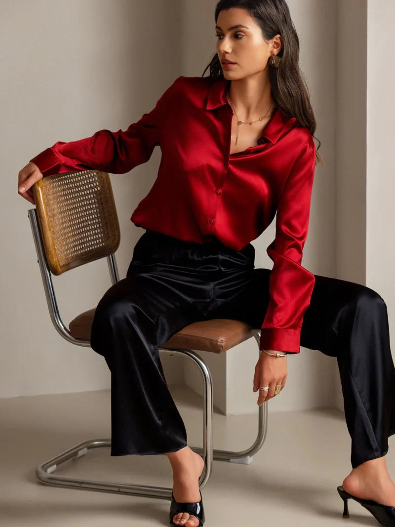 mulberry Silk 19Momme Long Lapel Collar Women's Shirt with Button Up Design