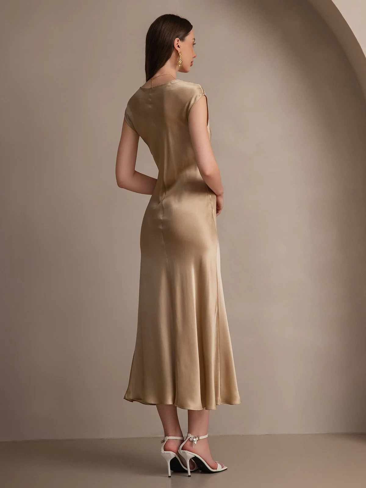 19Momme mulberry Silk Cap Sleeve Round Neck Midi Dress - Image 8