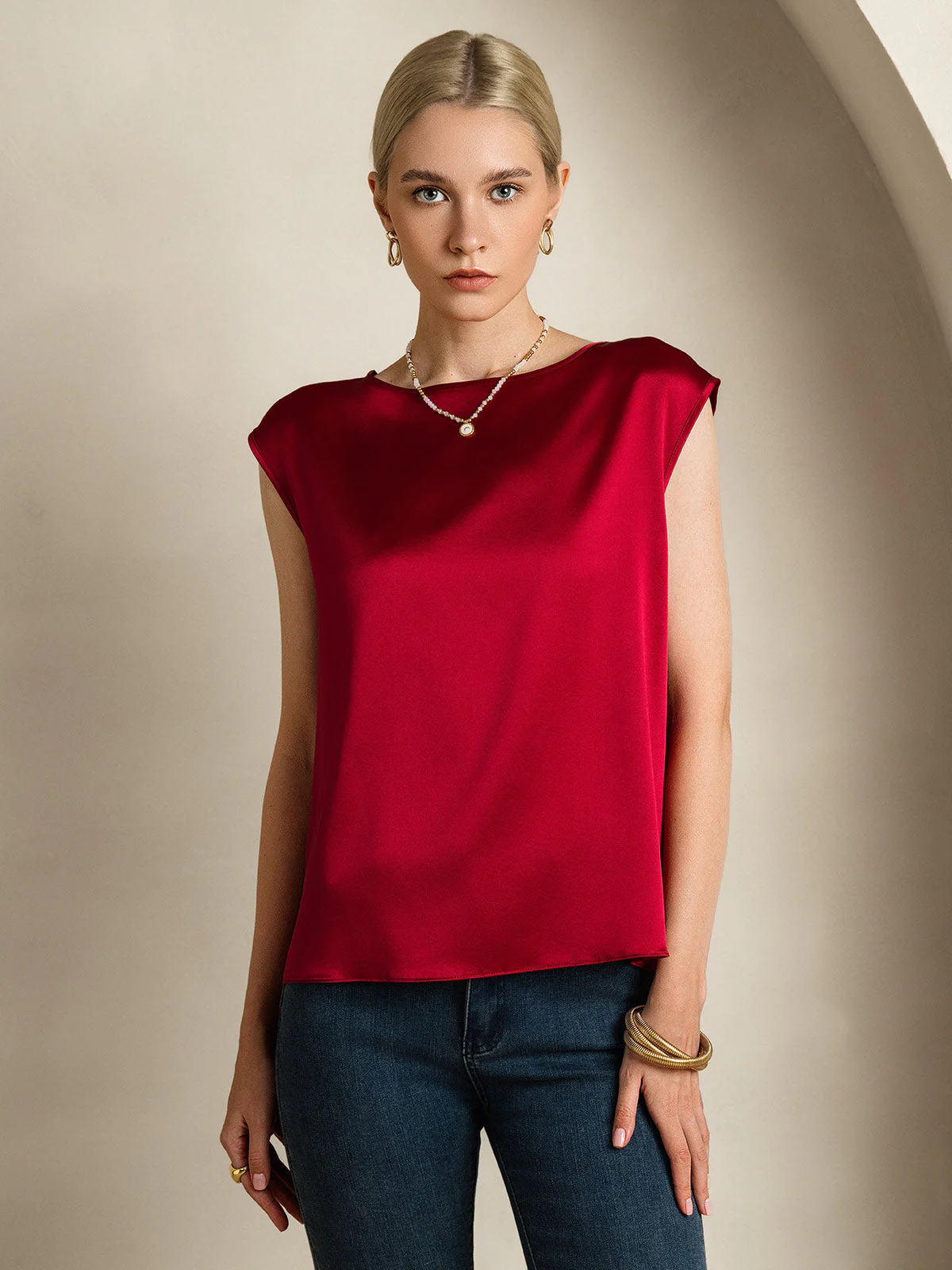 19Momme mulberry Silk Cap Sleeve Round Neck Women's Top - Image 1