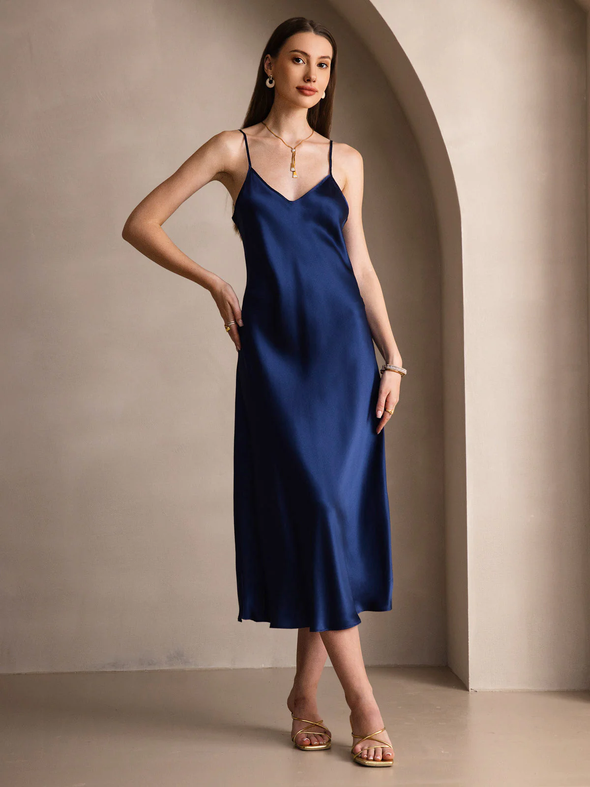 100% mulberry Silk charmeuse Spaghetti Strap Midi Dress - Image 9