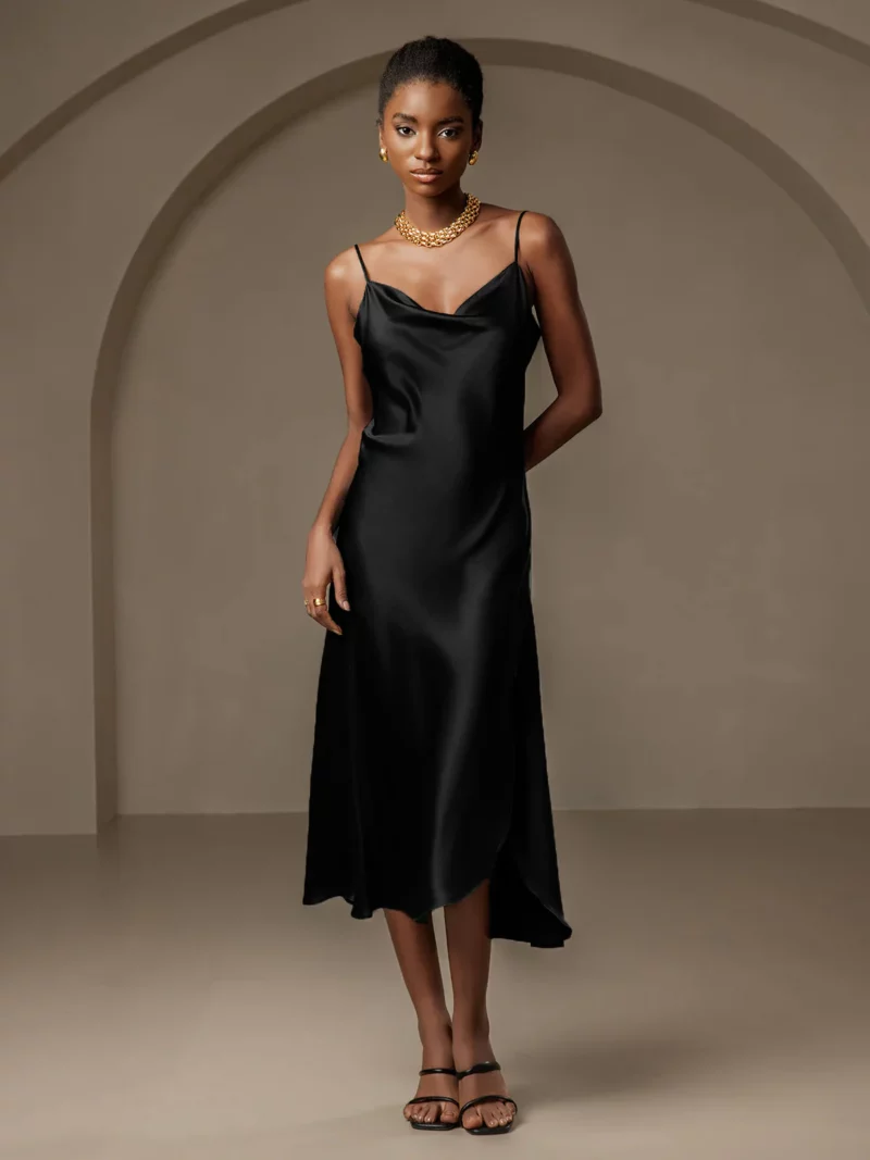 19Momme mulberry Silk Spaghetti strap Cowl Neck Midi Nightgown with Split Design - Image 5