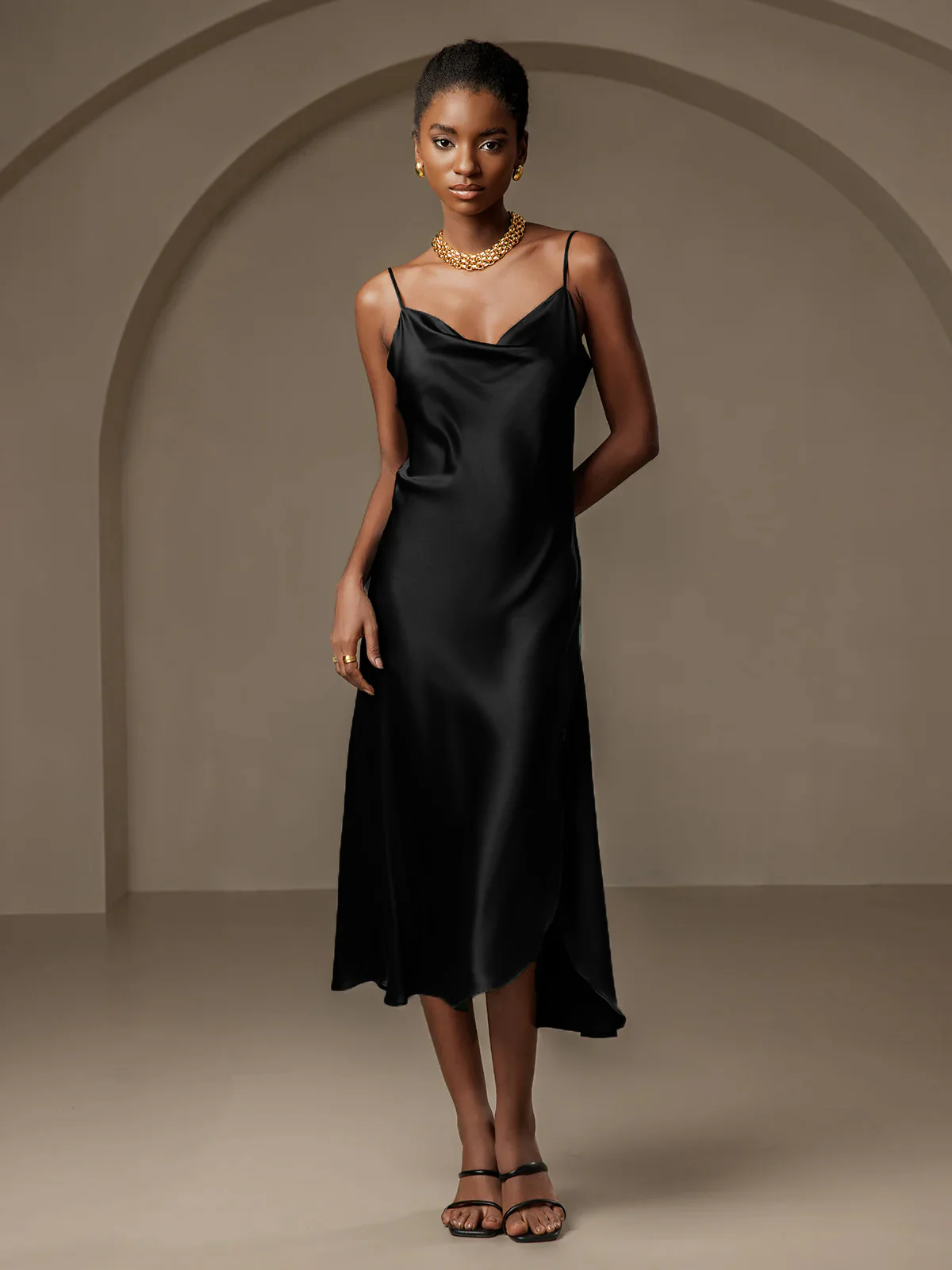 19Momme mulberry Silk Spaghetti strap Cowl Neck Midi Nightgown with Split Design - Image 5