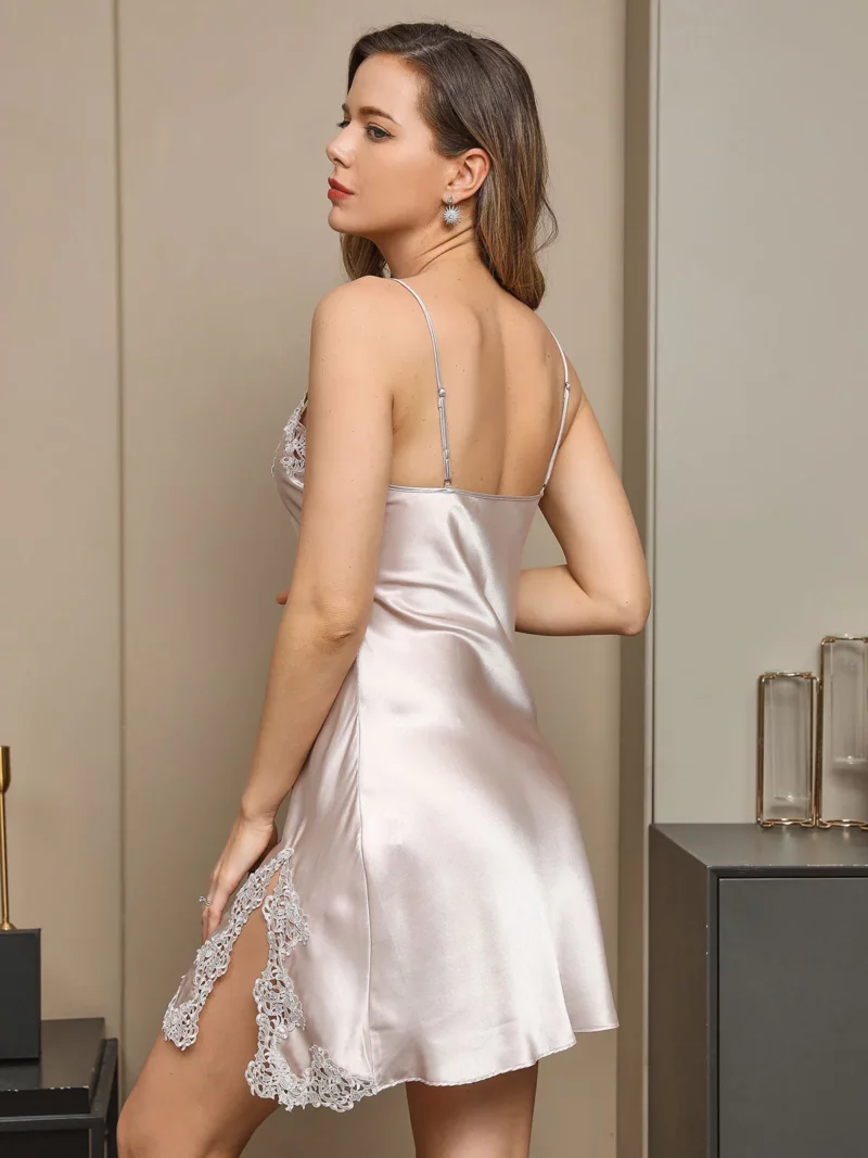 women 100% mulberry Silk Spaghetti Strap V-neck Short Nightgown with Lace Design - Image 5