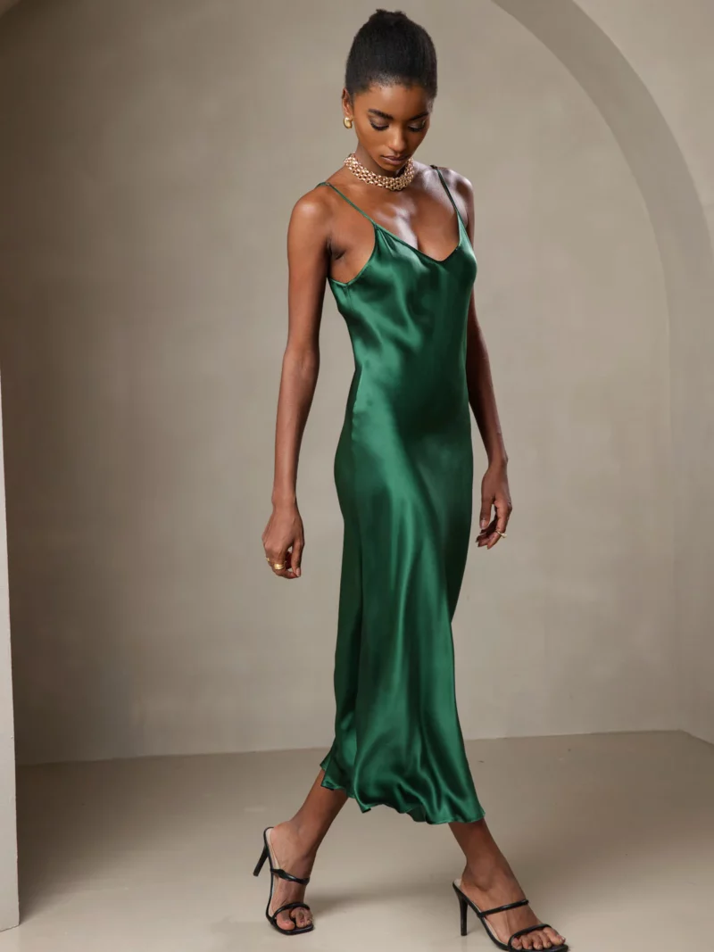 100% mulberry Silk charmeuse Spaghetti Strap Midi Dress - Image 11