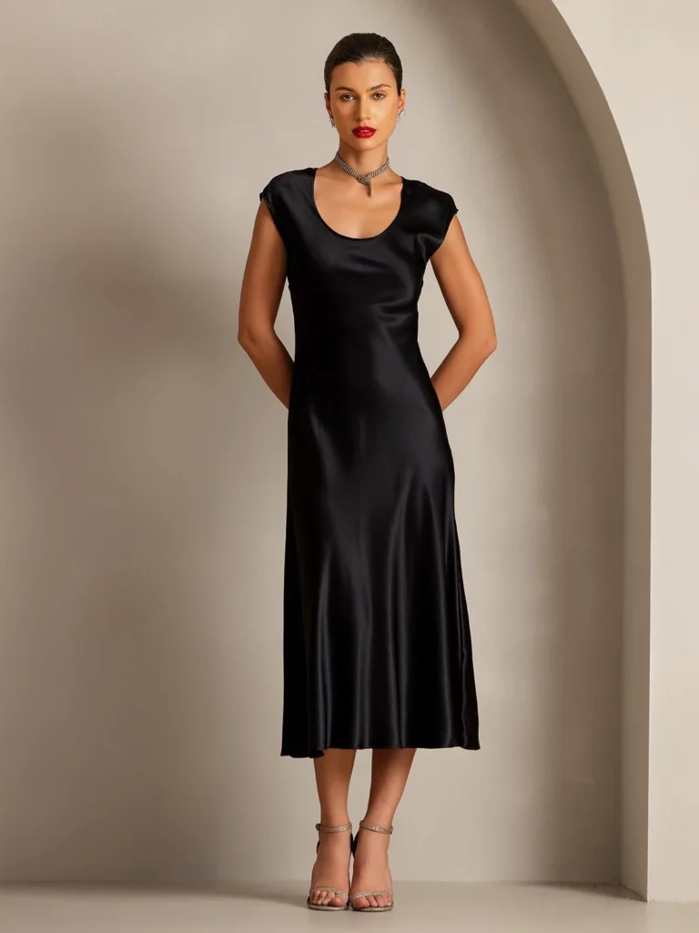 19Momme mulberry Silk Cap Sleeve Round Neck Midi Dress