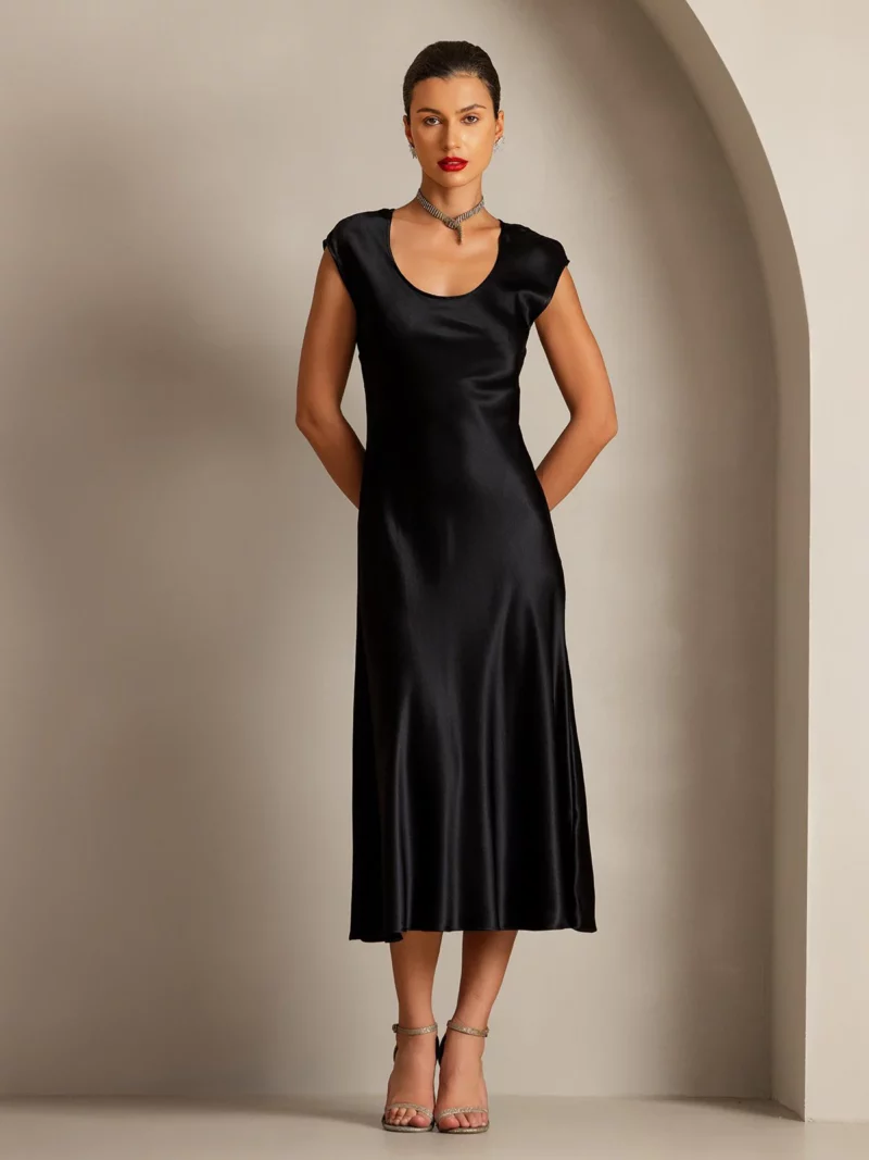 19Momme mulberry Silk Cap Sleeve Round Neck Midi Dress