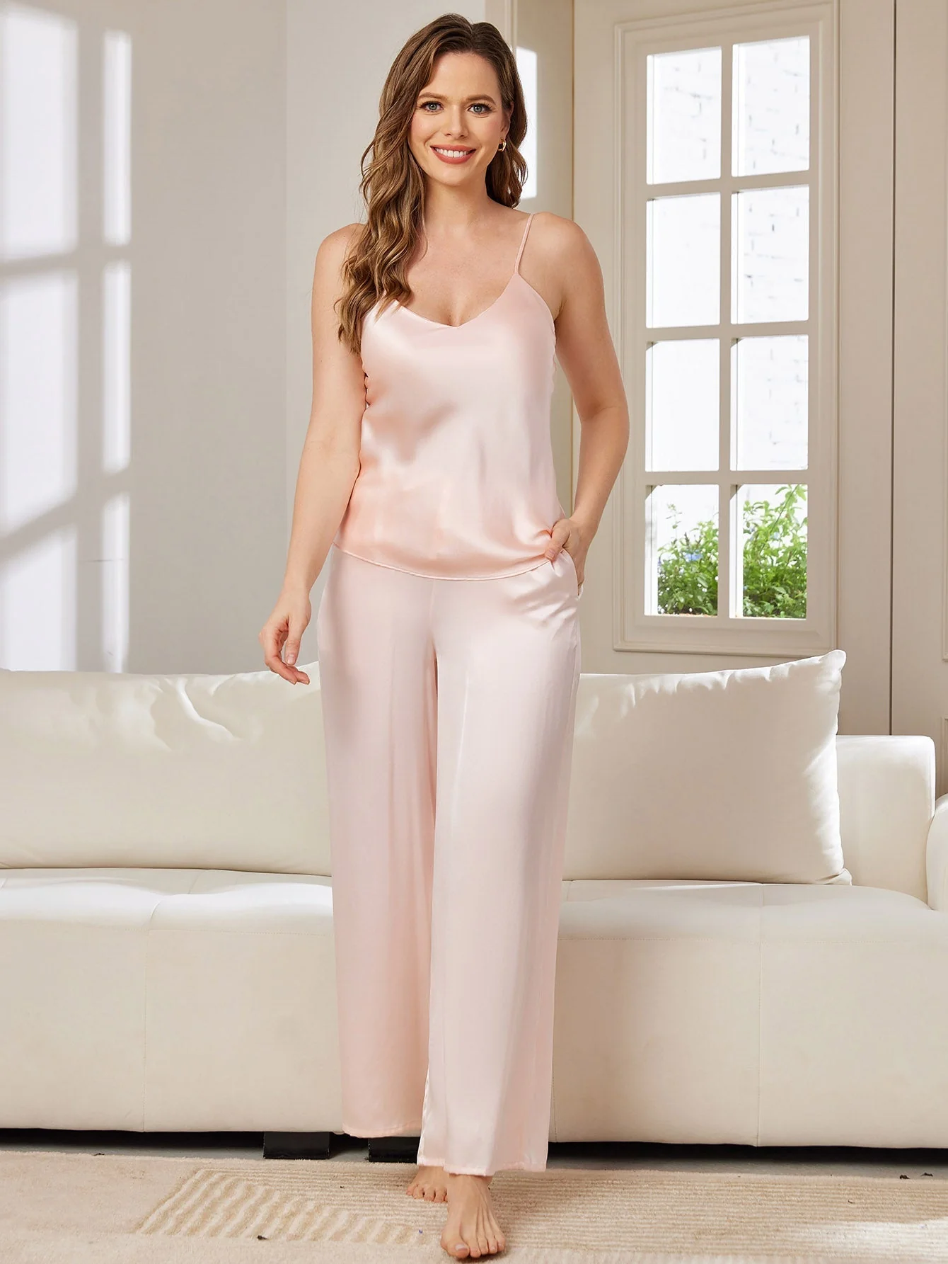 100% mulberry Silk Spaghetti Strap V Neck Cami & Wide Leg Pants Set - Image 2