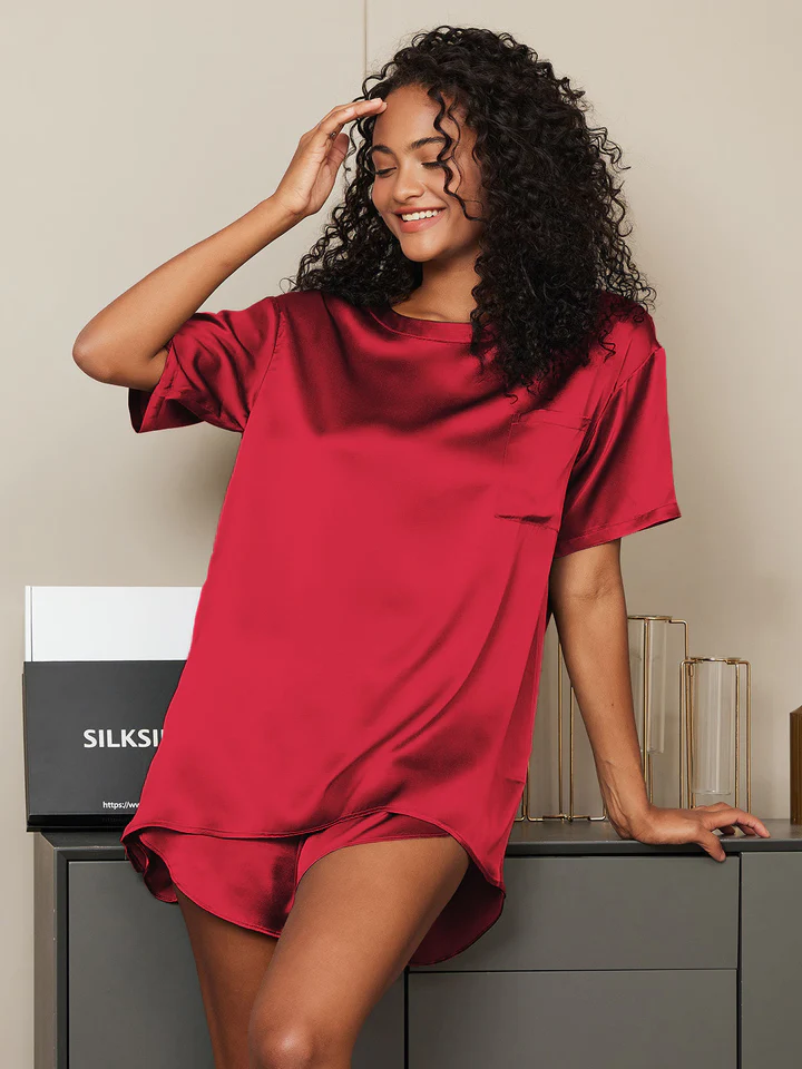 100% mulberry Silk Short Sleeve Round Neck Women's Pajamas Set - Image 6