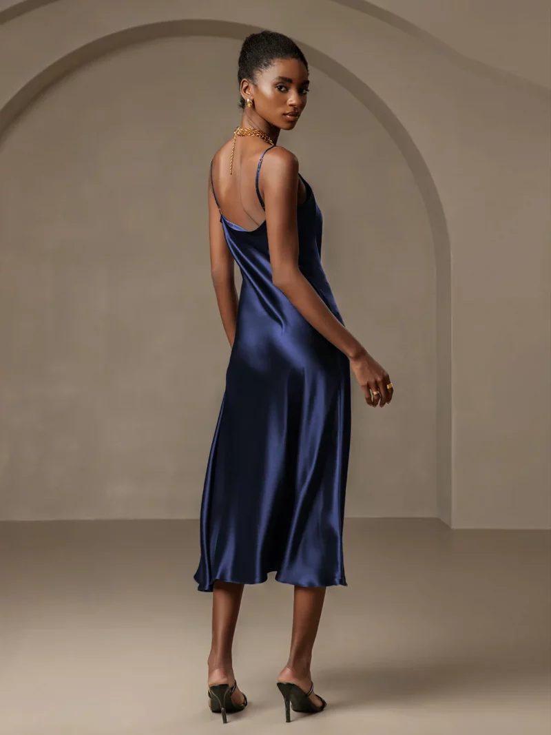 19Momme mulberry Silk Spaghetti strap Cowl Neck Midi Nightgown with Split Design - Image 4