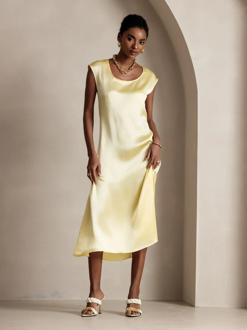 19Momme mulberry Silk Cap Sleeve Round Neck Midi Dress - Image 4