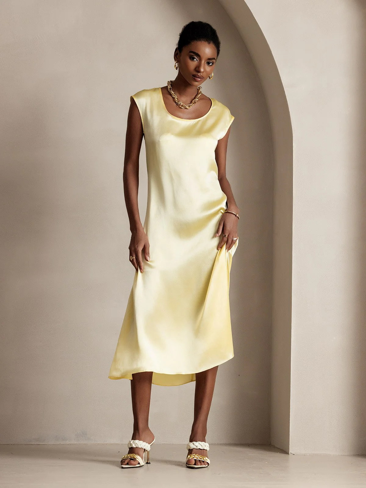 19Momme mulberry Silk Cap Sleeve Round Neck Midi Dress - Image 4