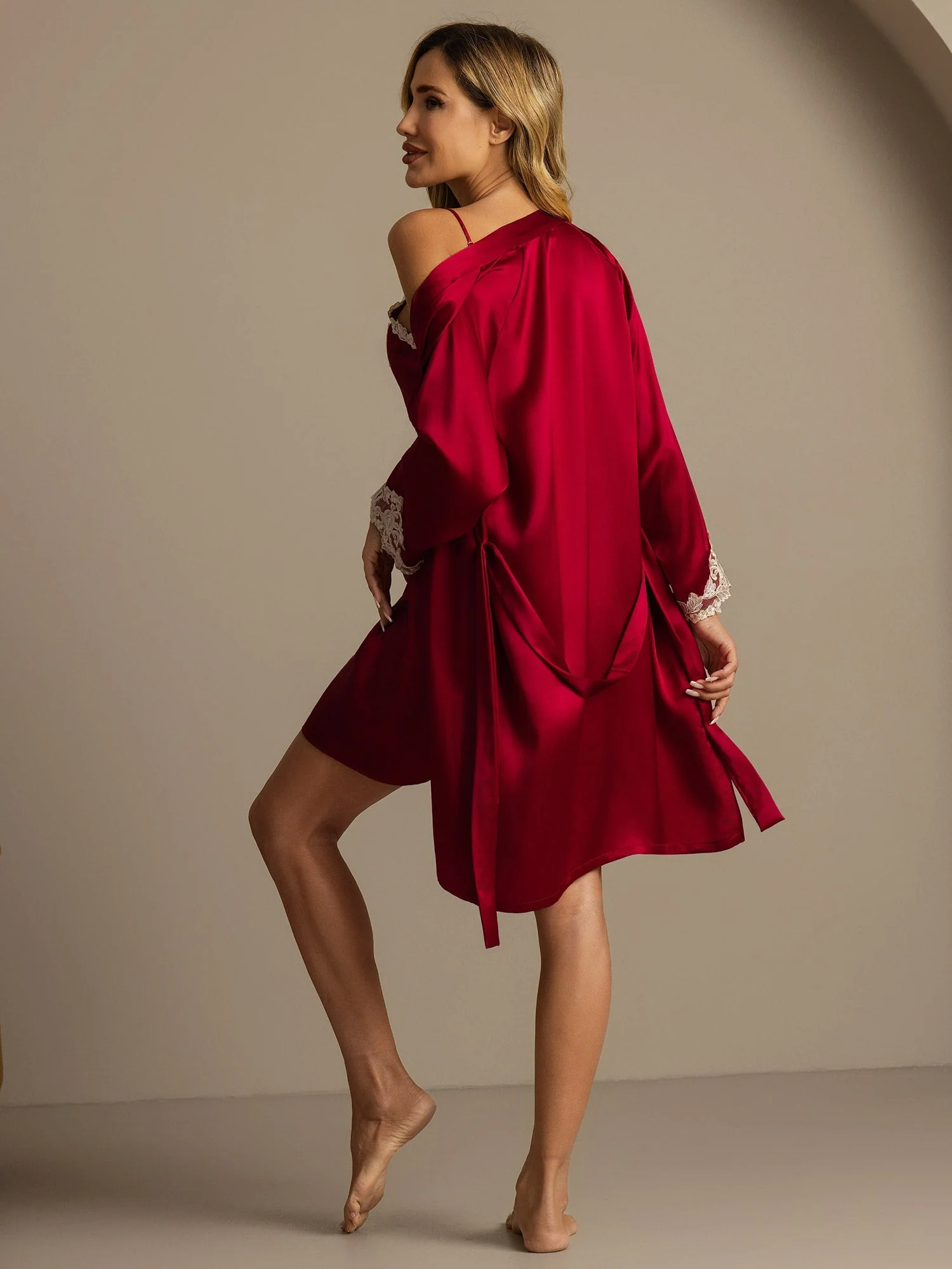 Elegant Pure mulberry Silk charmeuse Nightgown & Robe Set 2Pcs with lace design - Image 4