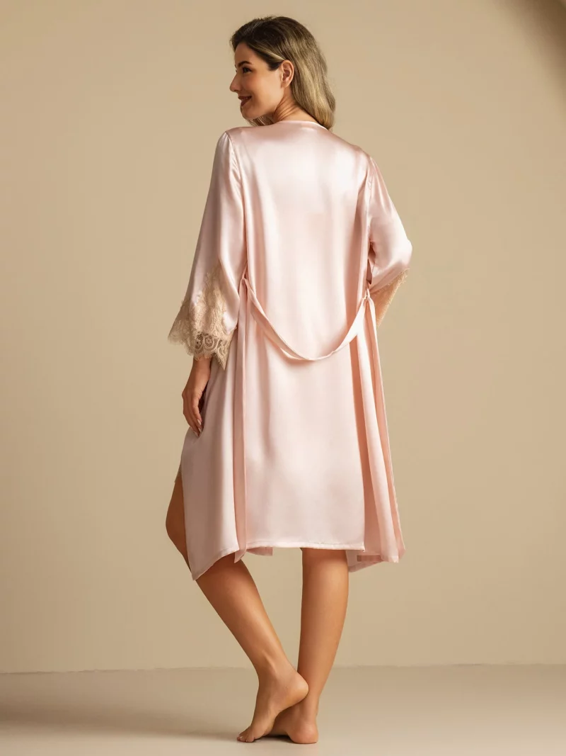 Pure Mulberry Silk V Neck Short Nightgown&Robe Set with Lace Design - Image 11