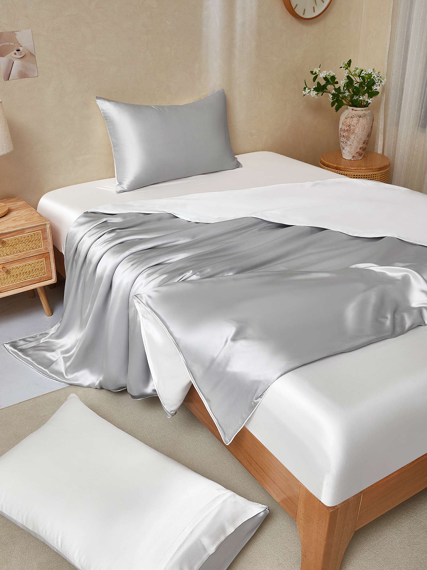 19Momme 4Pcs 100% mulberry Silk bedding Set Duvet Cover+Fitted Sheet+2x Pillowcases - Image 3