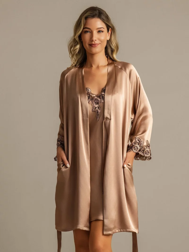 100% mulberry Silk Spaghetti Strap Nightgown & Robe Set 2 piece with lace design - Image 13