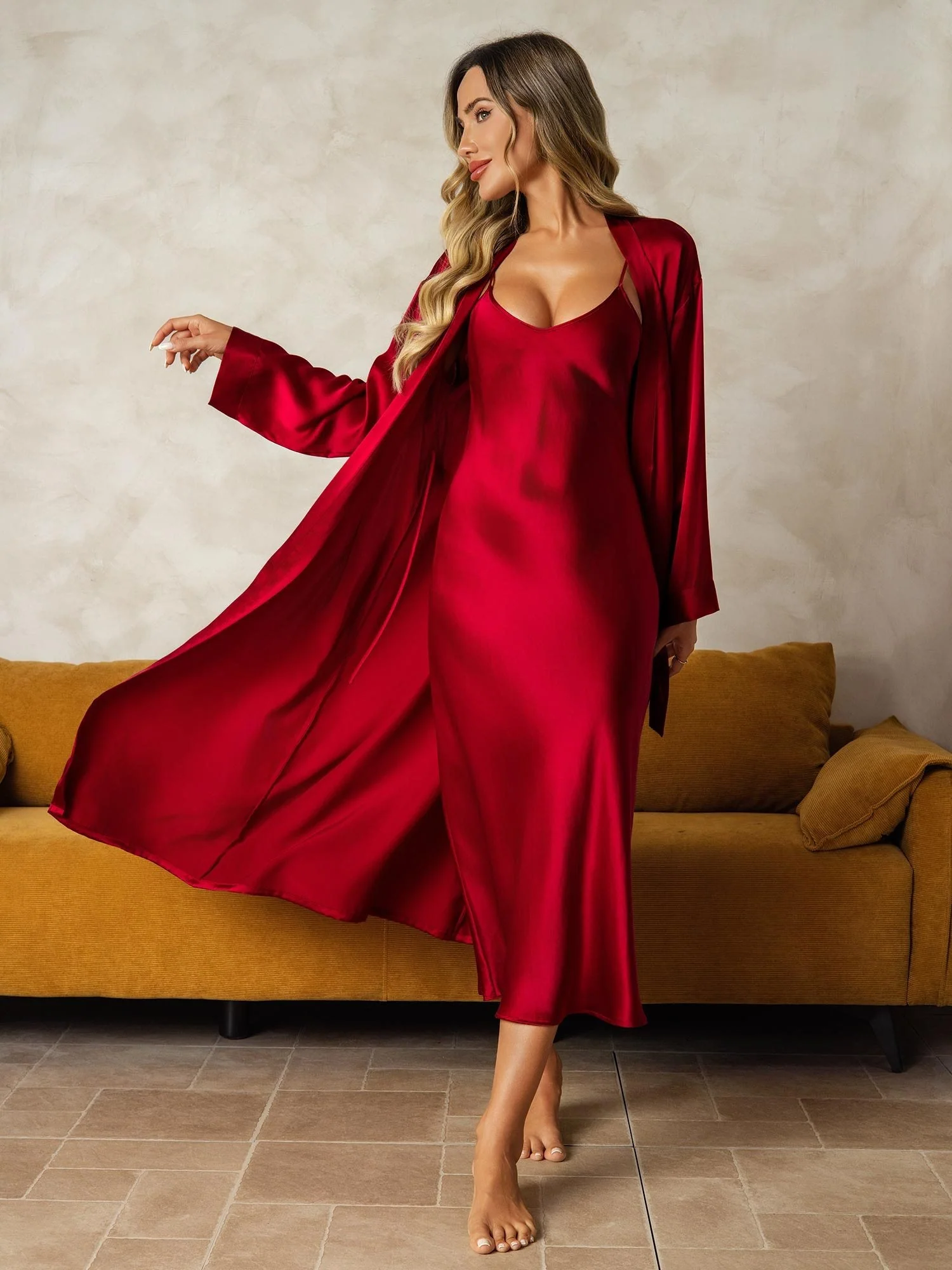 100% mulberry Silk charmeuse V-Neck Midi Nightgown & Robe Set 2Pcs - Image 2