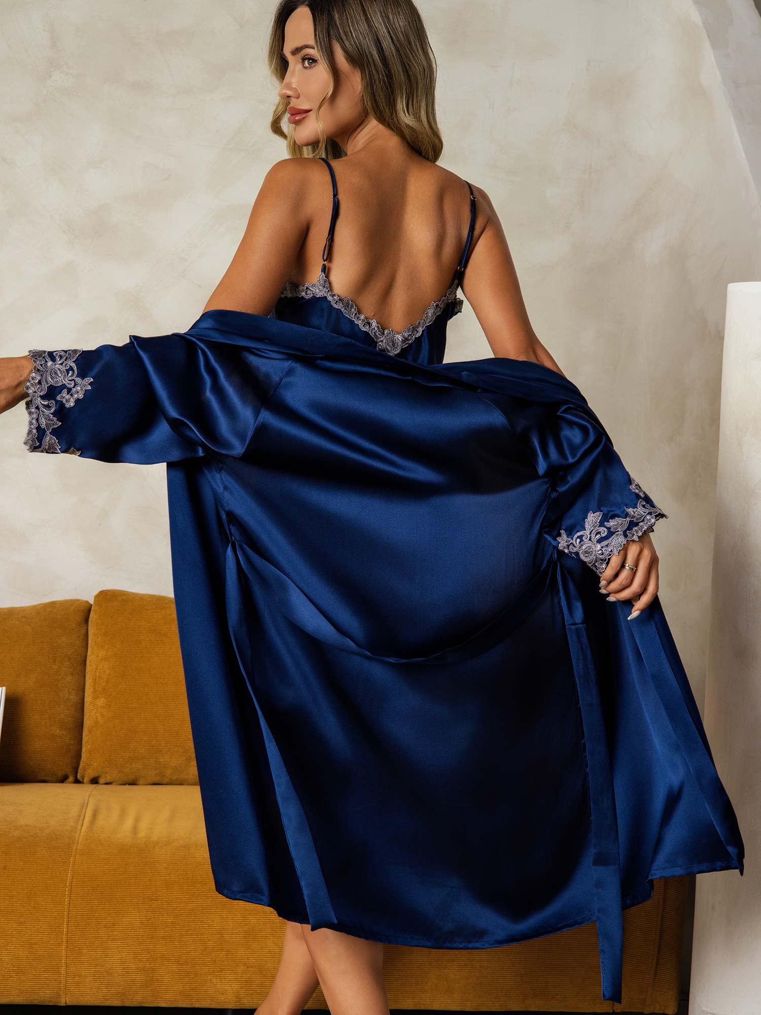 Elegant Pure mulberry Silk charmeuse Nightgown & Robe Set 2Pcs with lace design - Image 7
