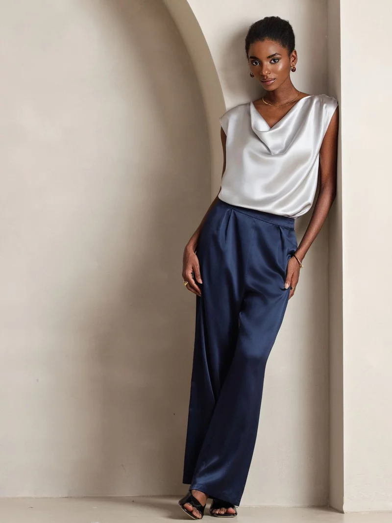 19Momme Women's mulberry Silk High Waist Wide Leg Pants - Image 11