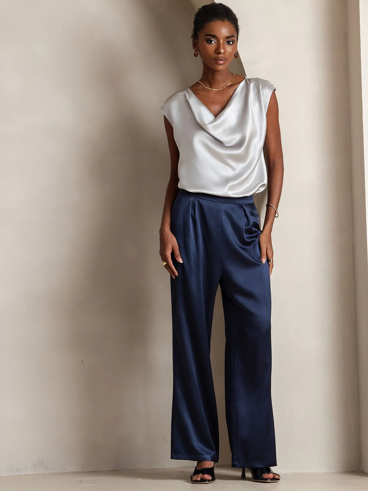 19Momme Women's mulberry Silk High Waist Wide Leg Pants - Image 12