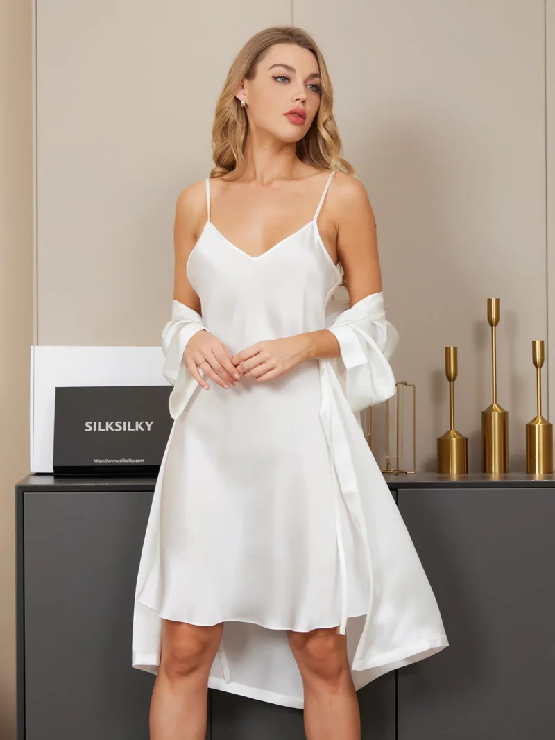 19momme 100% Mulberry Silk Kimono Robe & V‑Neck Nightgown Set - Image 8