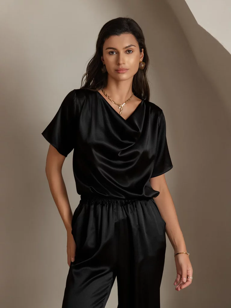 19Momme Women's mulberry Silk Short Sleeve Cowl Neck T-Shirt