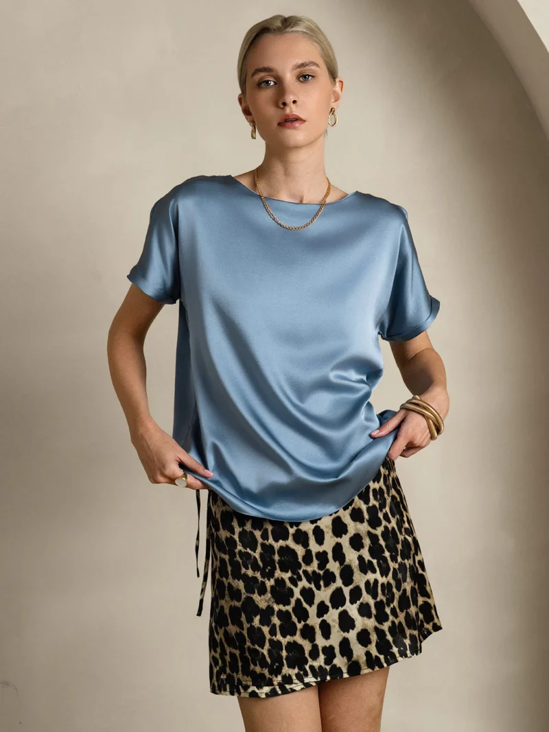 19Momme mulberry Silk Short Sleeve Boat Neck Women's T-Shirt