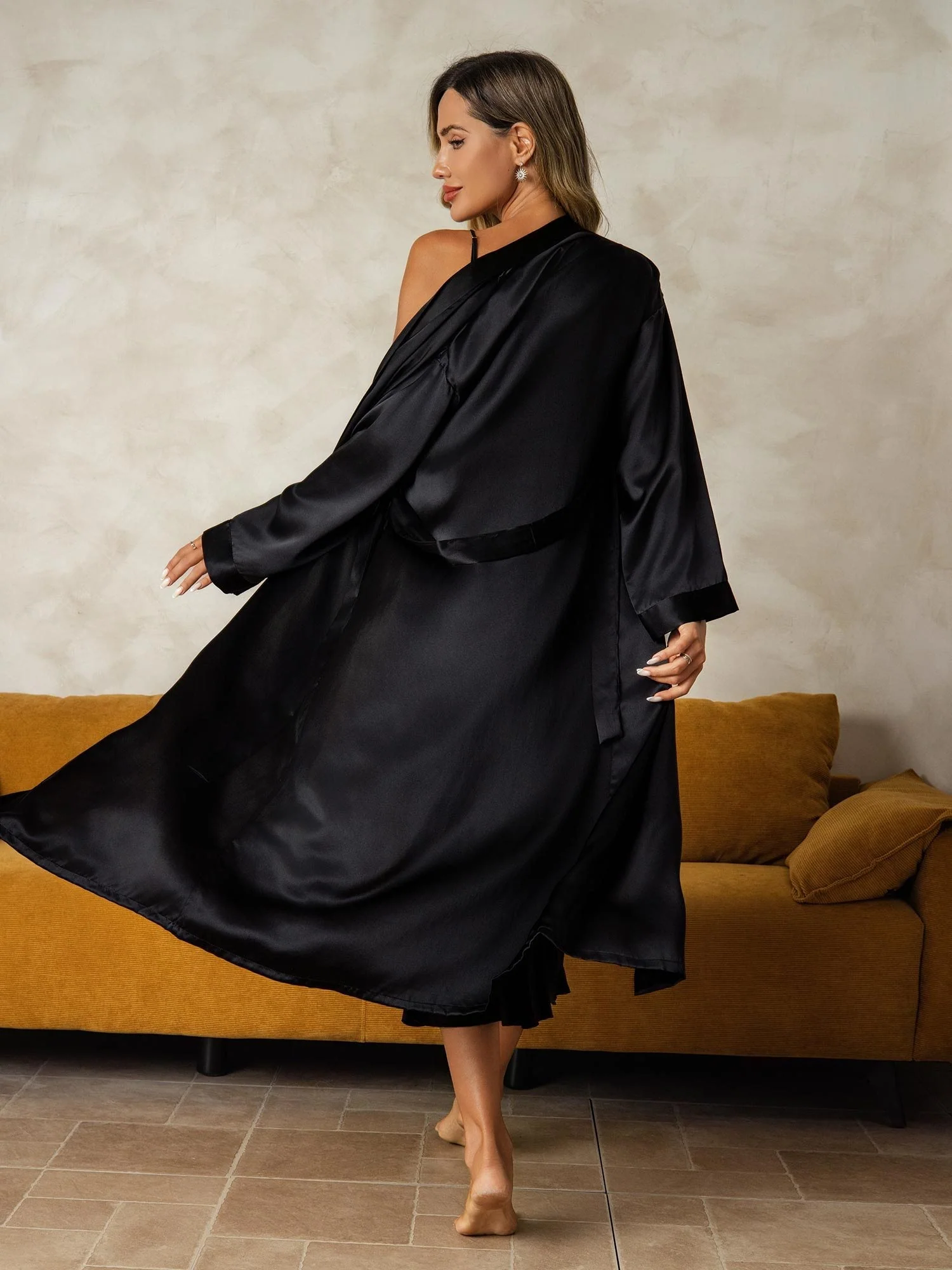 100% mulberry Silk charmeuse V-Neck Midi Nightgown & Robe Set 2Pcs - Image 3