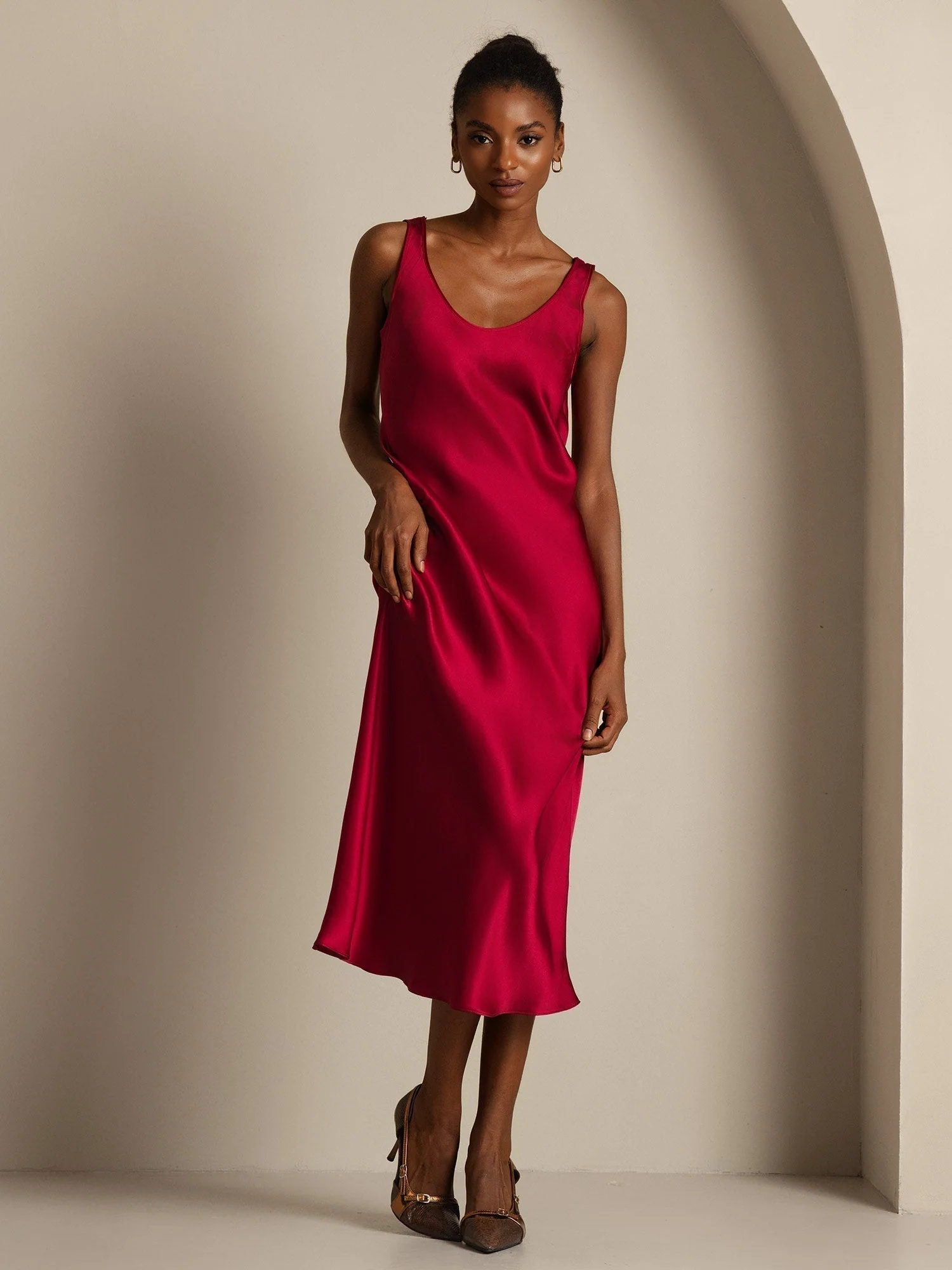 100% mulberry Silk charmeuse Sleeveless U Neck Midi Dress - Image 6