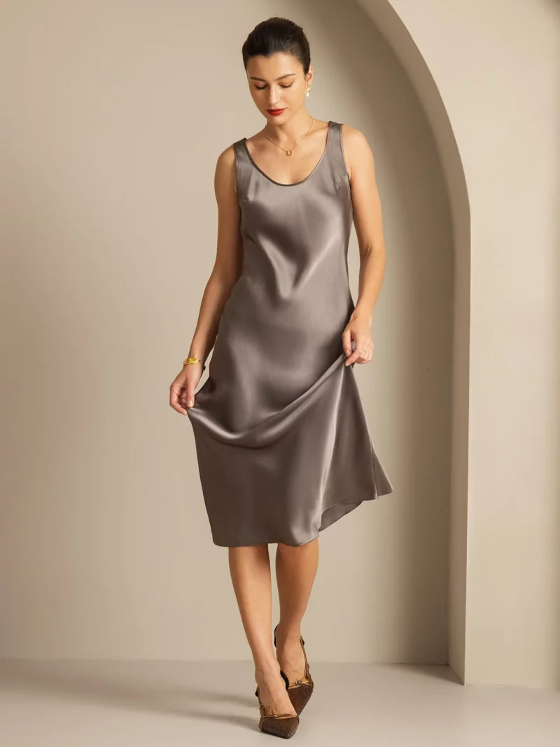 100% mulberry Silk charmeuse Sleeveless U Neck Midi Dress - Image 7