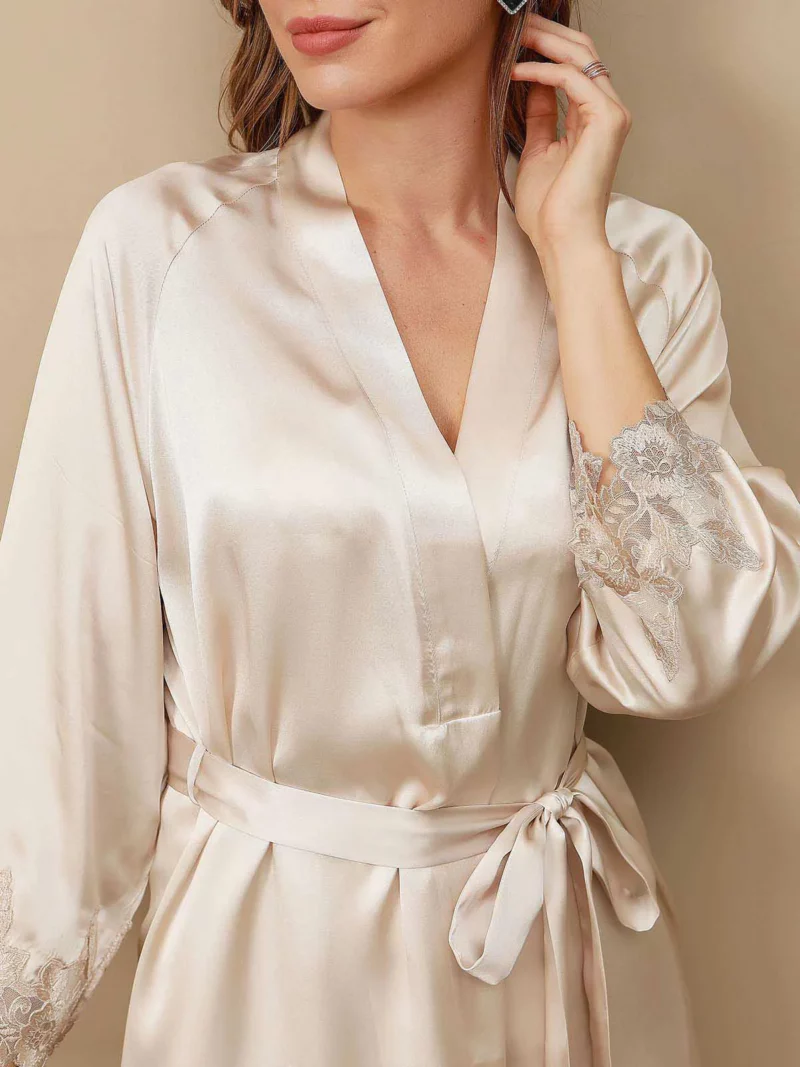 100% mulberry Silk Spaghetti Strap Nightgown & Robe Set 2 piece with lace design - Image 9