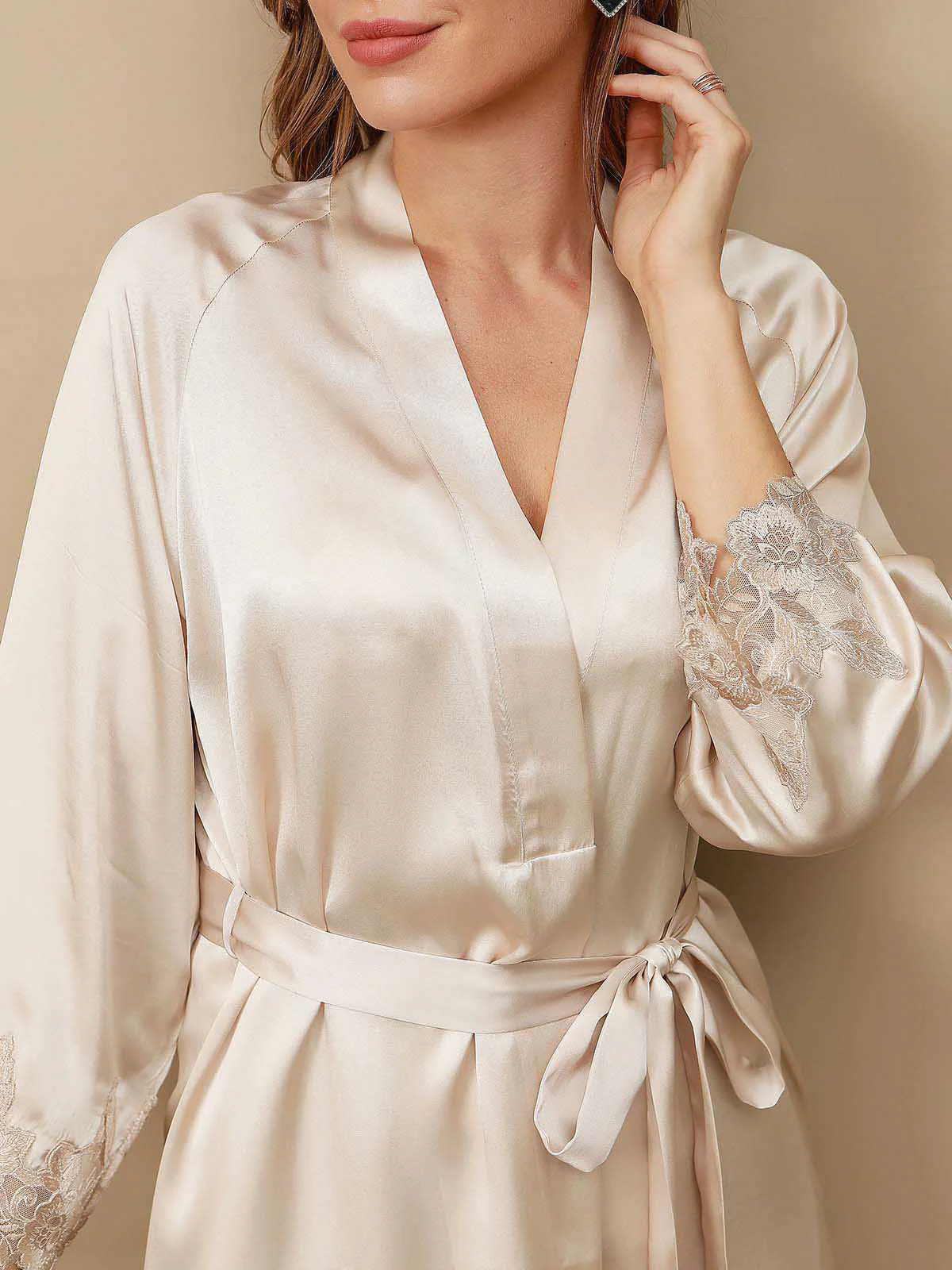 100% mulberry Silk Spaghetti Strap Nightgown & Robe Set 2 piece with lace design - Image 9