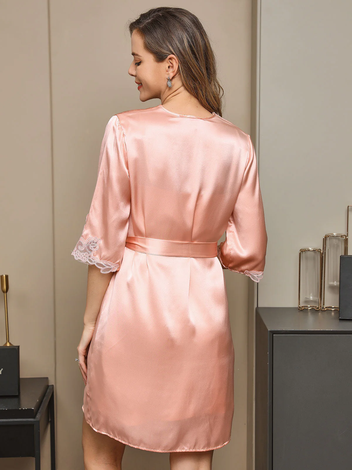 100% Mulberry Silk V Neck Short Nightgown & Robe Set with Lace Design - Image 3