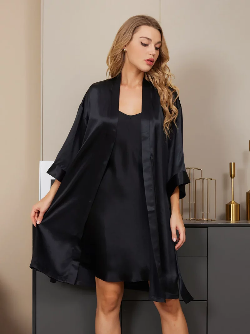 19momme 100% Mulberry Silk Kimono Robe & V‑Neck Nightgown Set - Image 4
