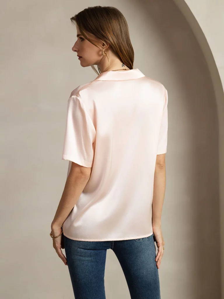 19Momme mulberry Silk Short Sleeve Lapel Women's Shirt with Button Up Design