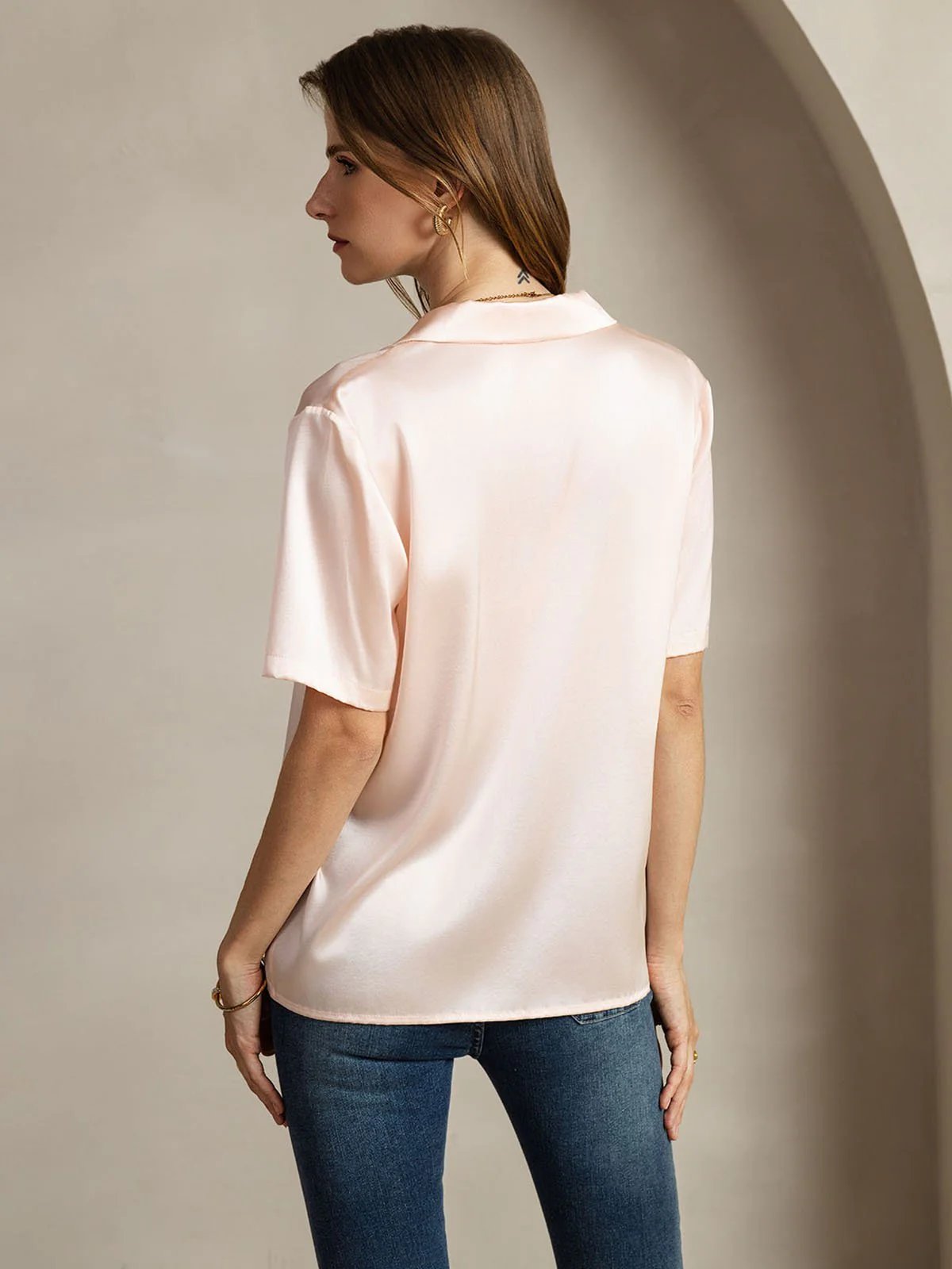 19Momme mulberry Silk Short Sleeve Lapel Women's Shirt with Button Up Design - Image 3