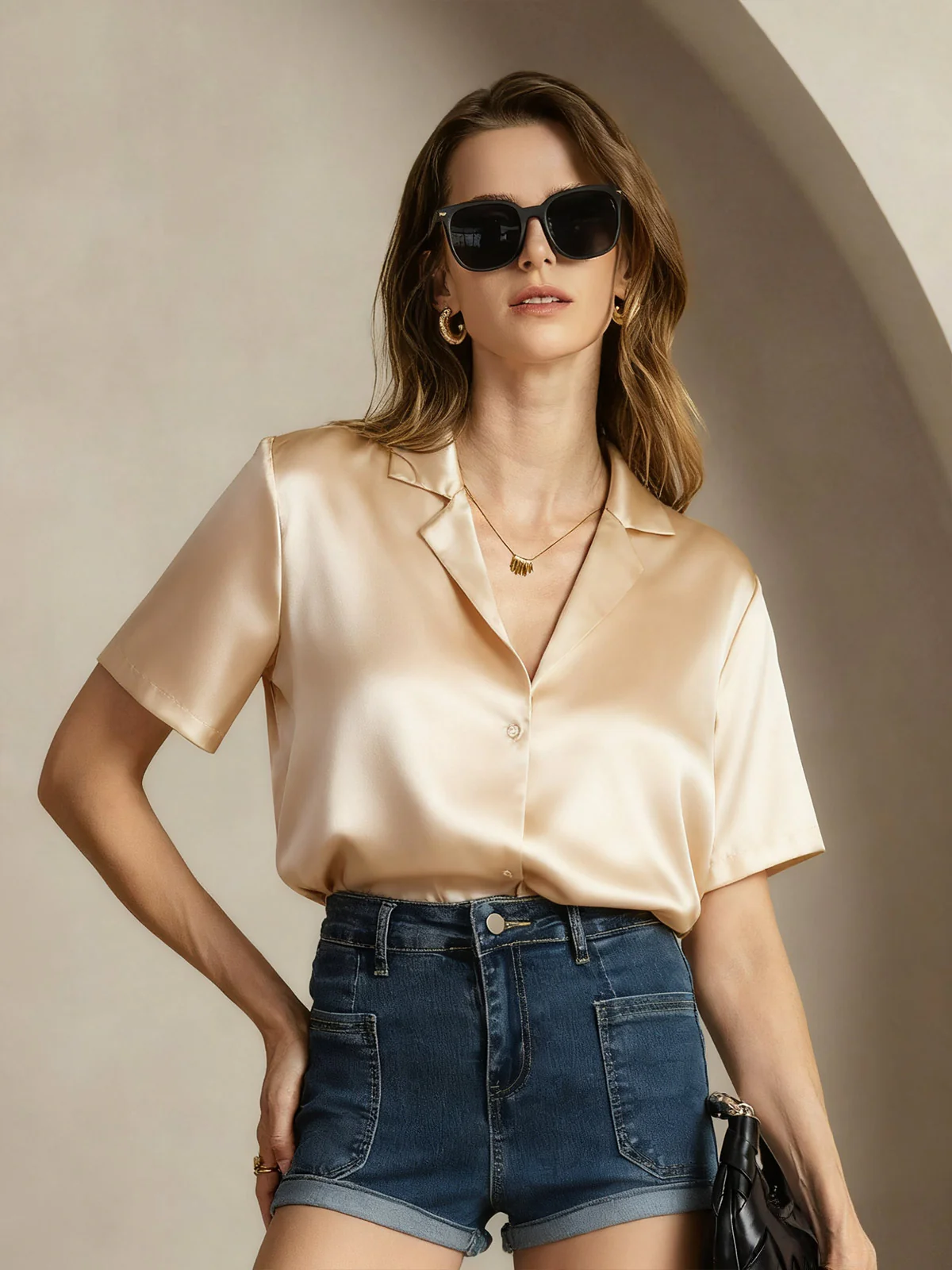 19Momme mulberry Silk Short Sleeve Lapel Women's Shirt with Button Up Design - Image 6