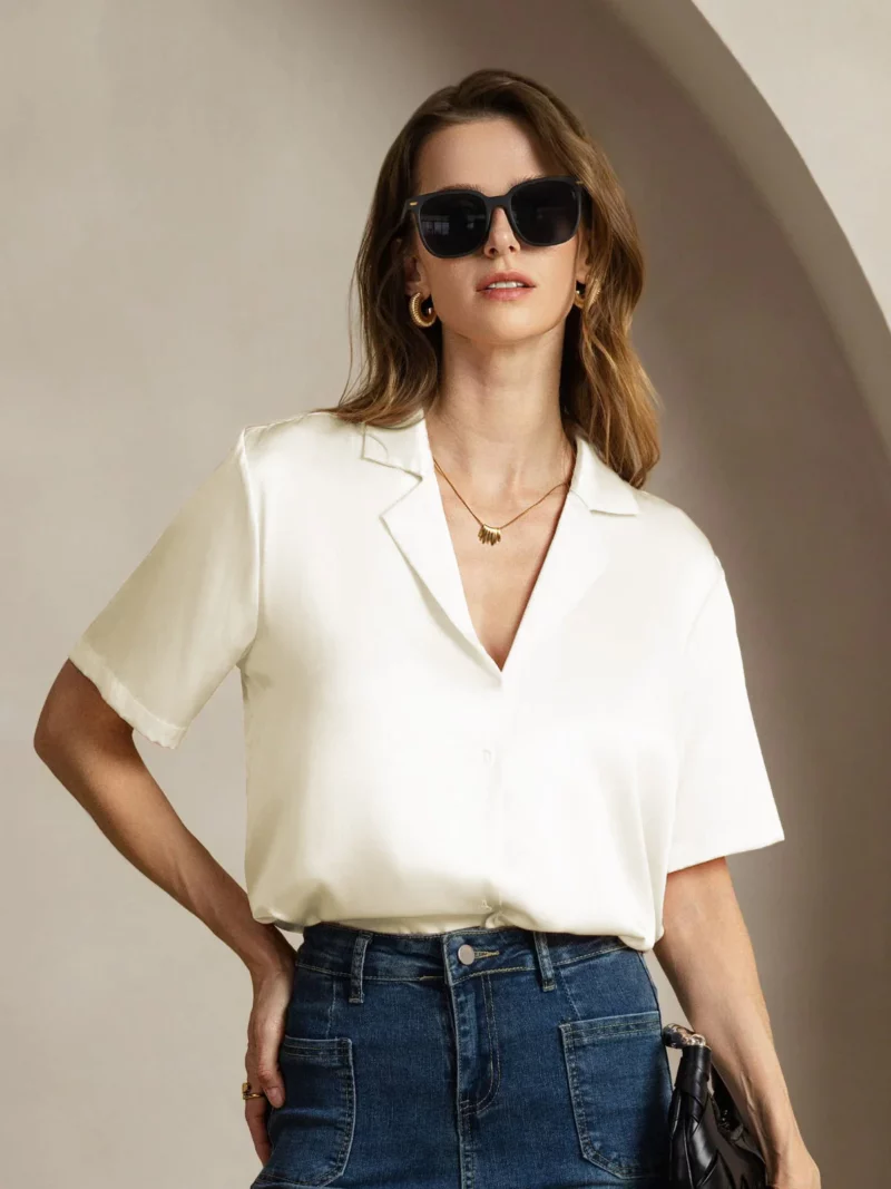 19Momme mulberry Silk Short Sleeve Lapel Women's Shirt with Button Up Design - Image 4