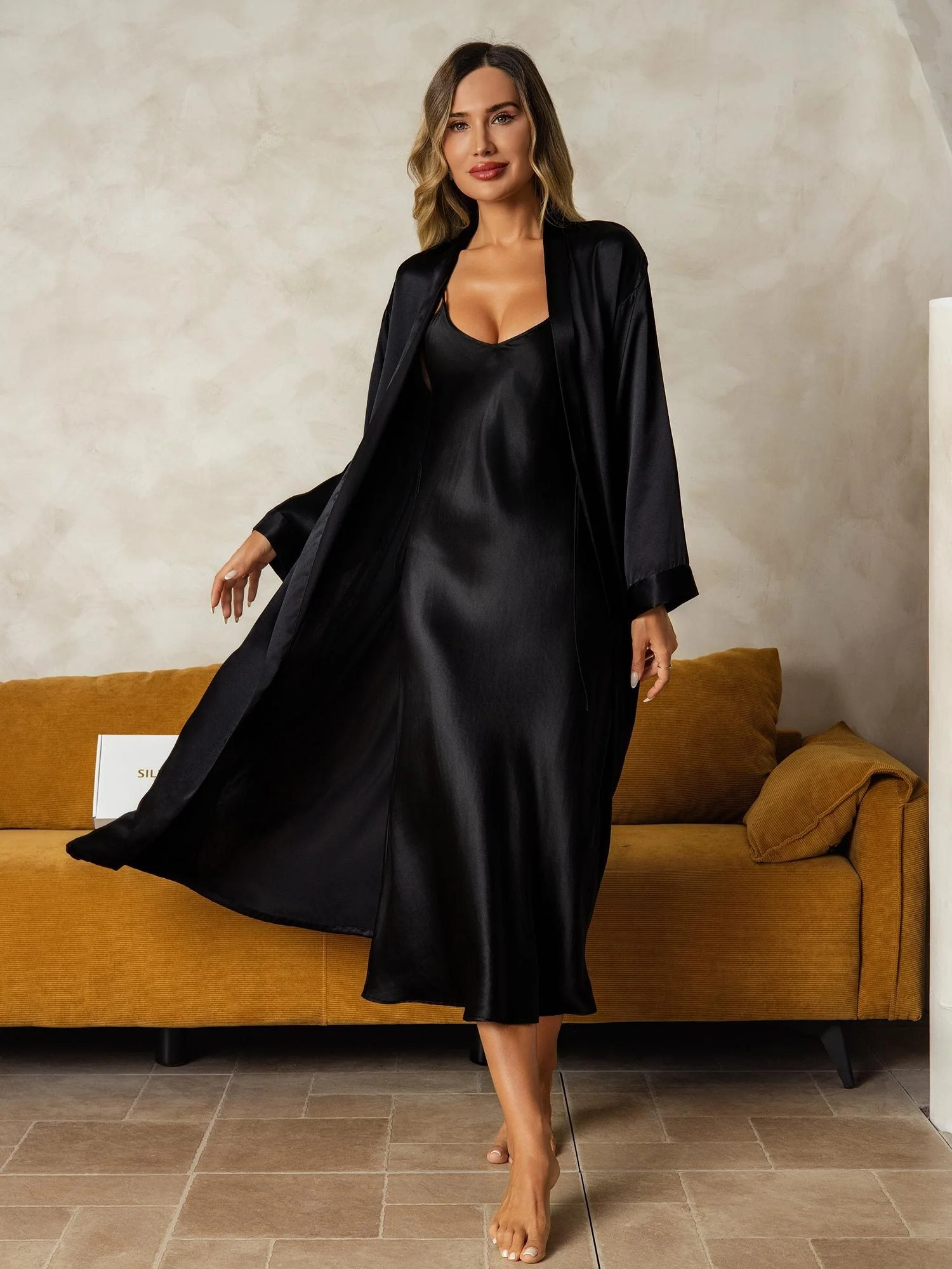 100% mulberry Silk charmeuse V-Neck Midi Nightgown & Robe Set 2Pcs - Image 7