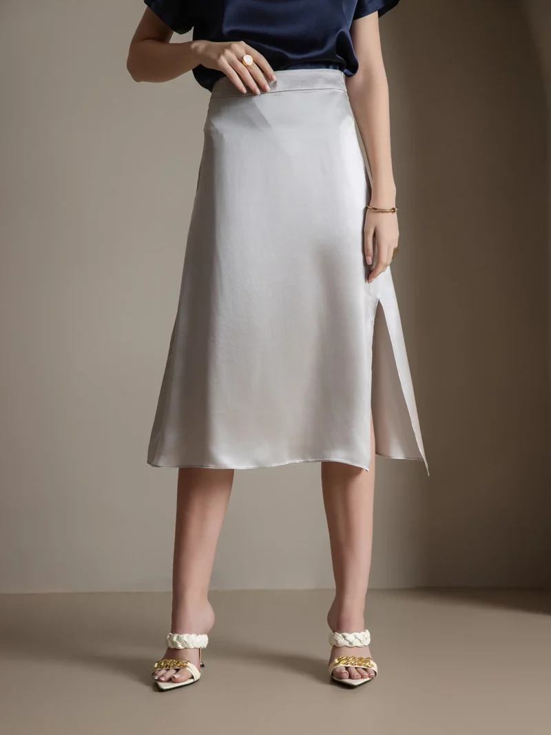 19 momme Mulberry Silk A Line Long Slit satin Skirt with Zipper Design
