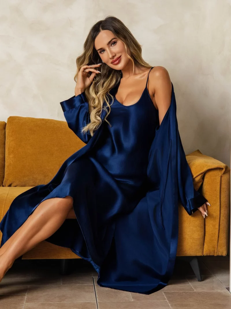 100% mulberry Silk charmeuse V-Neck Midi Nightgown & Robe Set 2Pcs - Image 6