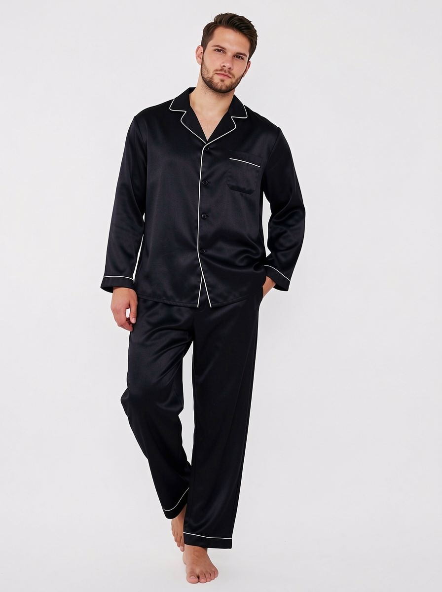 100% mulberry Long Sleeve men's silk Pajamas Set with outlines silhouette - Image 6
