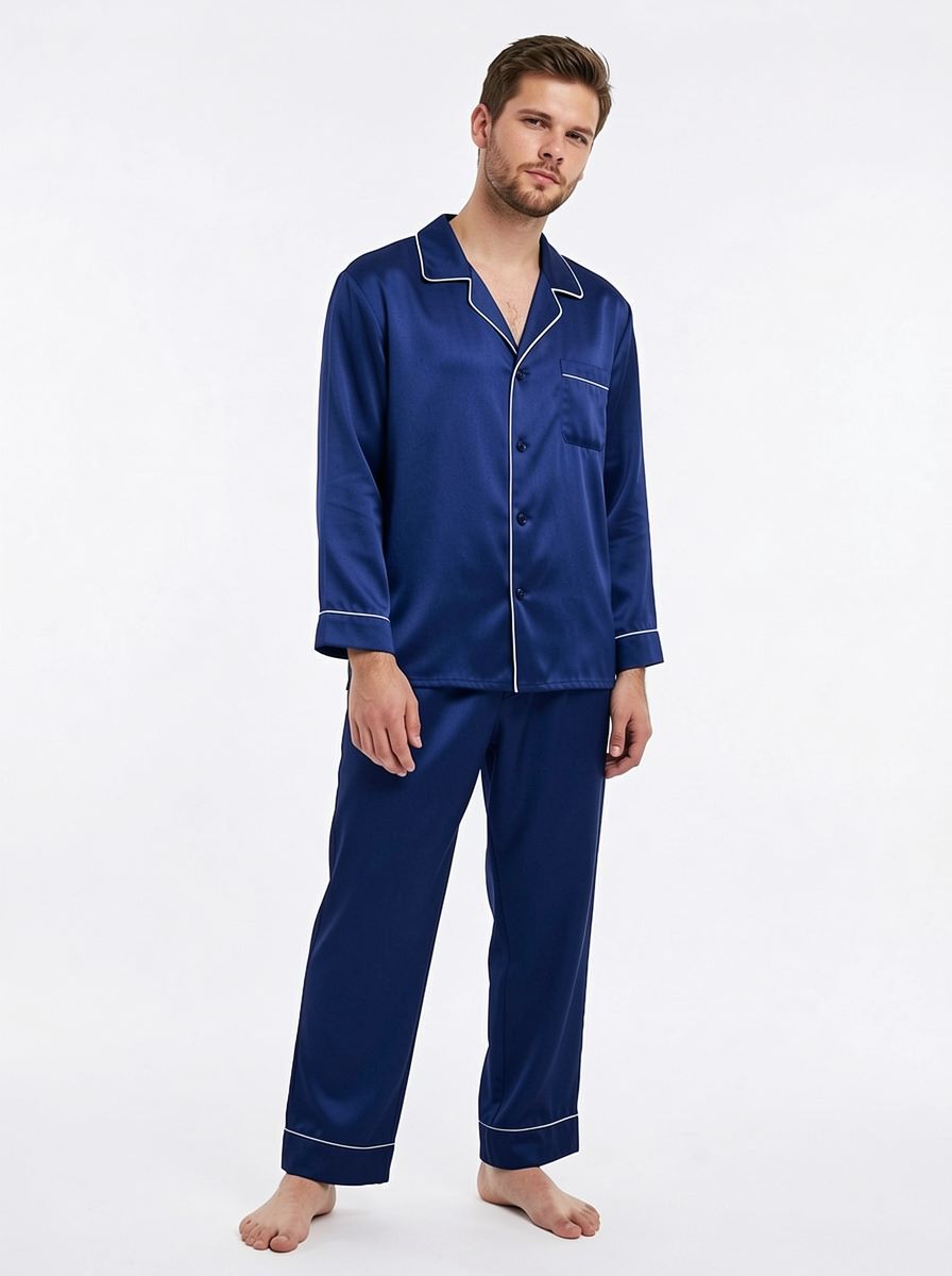100% mulberry Long Sleeve men's silk Pajamas Set with outlines silhouette - Image 2
