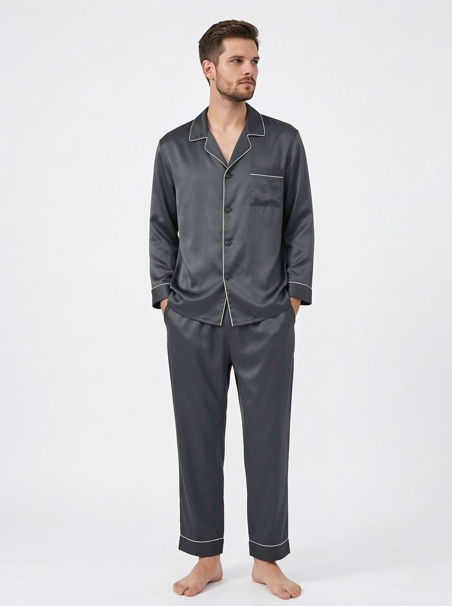 100% mulberry Long Sleeve men's silk Pajamas Set with outlines silhouette - Image 8