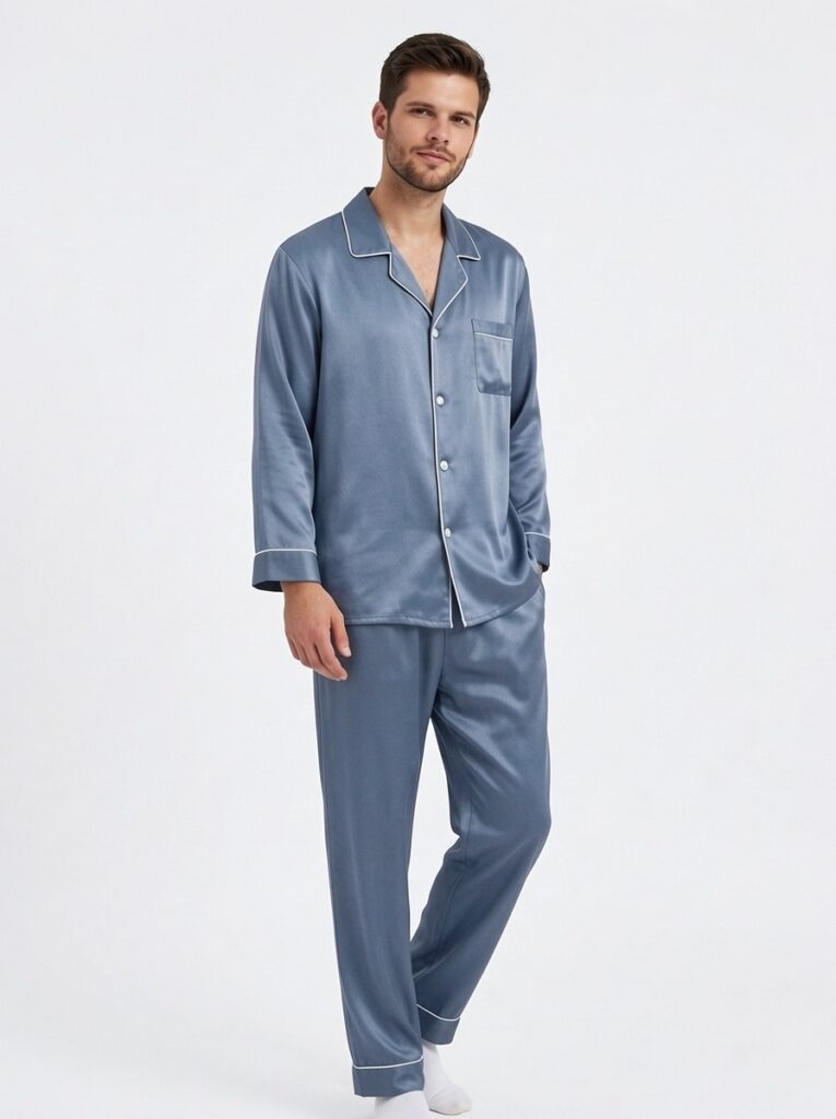 100% mulberry Long Sleeve men's silk Pajamas Set with outlines silhouette