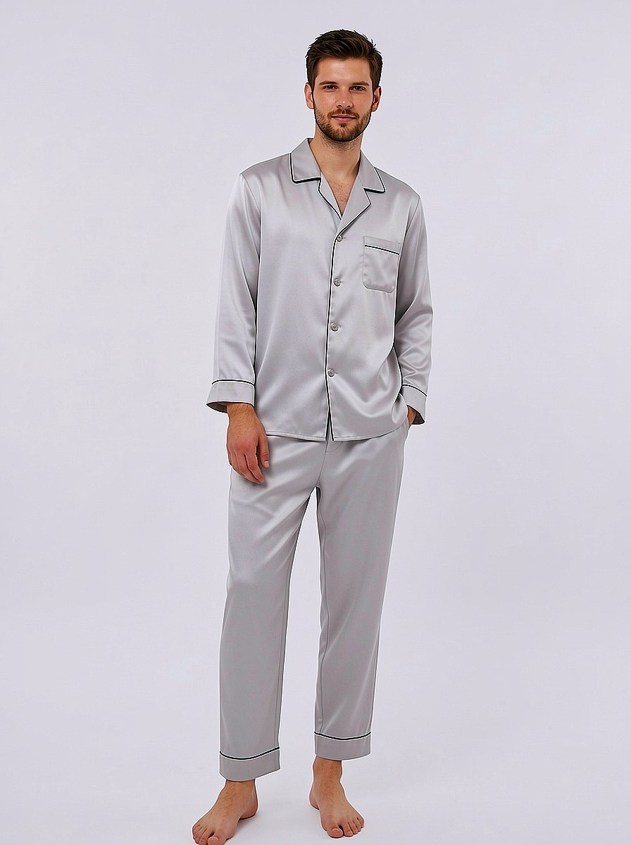100% mulberry Long Sleeve men's silk Pajamas Set with outlines silhouette - Image 5